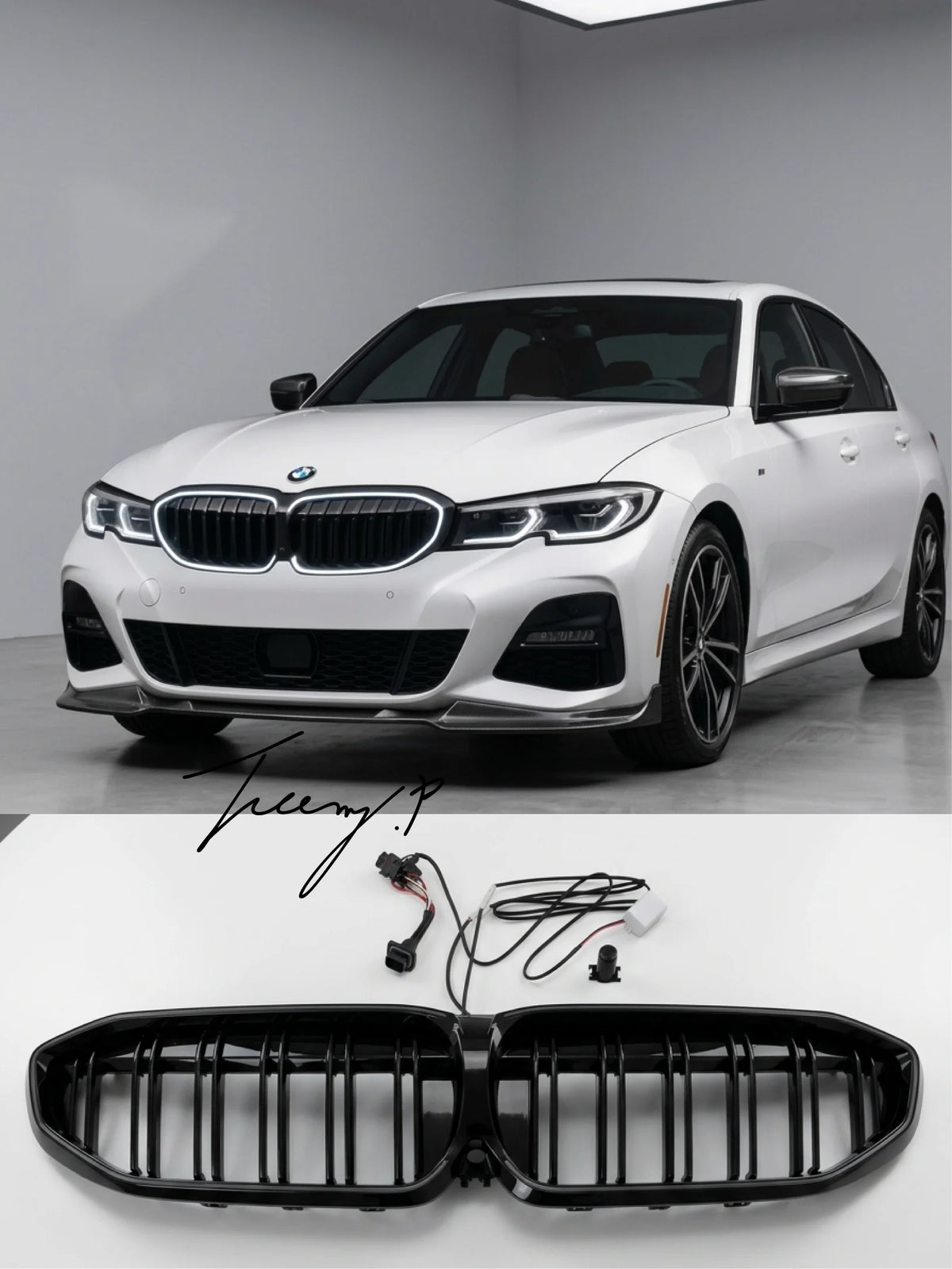 Front angle view of gloss black double-slat LED light bar kidney grille installed on a 2019 to 2022 BMW 3 Series G20.