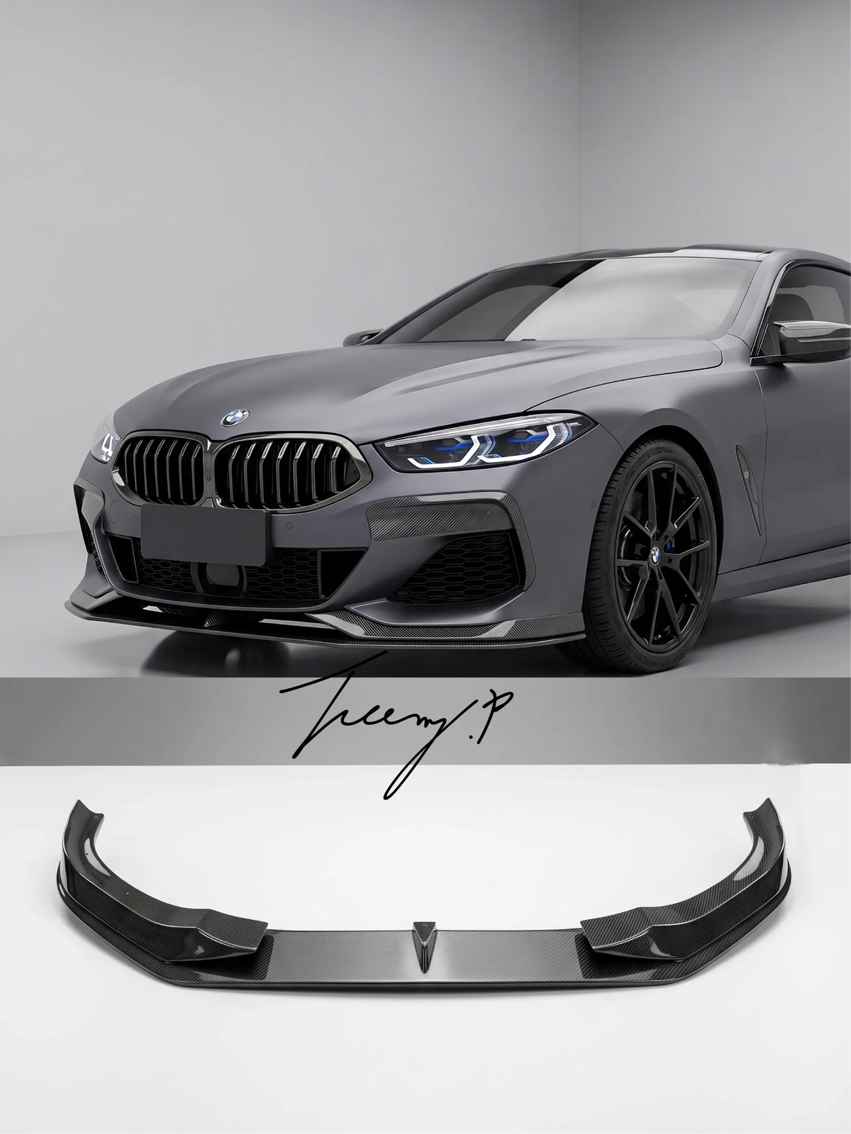 Carbon fiber-look ABS front lip splitter spoiler installed on a 2018-2021 BMW 8 Series M Sport G14 / G15 / G16