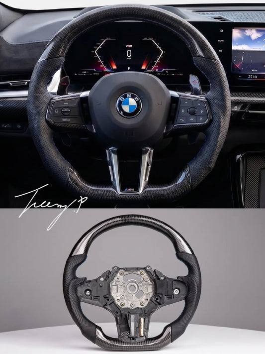 Carbon fiber heated performance steering wheel installed on a 2018-2024 BMW X1/X2 (F39), 5 Series (G30/G31), X3 (G01), X5 (G05), X6 (G06), X7 (G07), or M3 (G80)