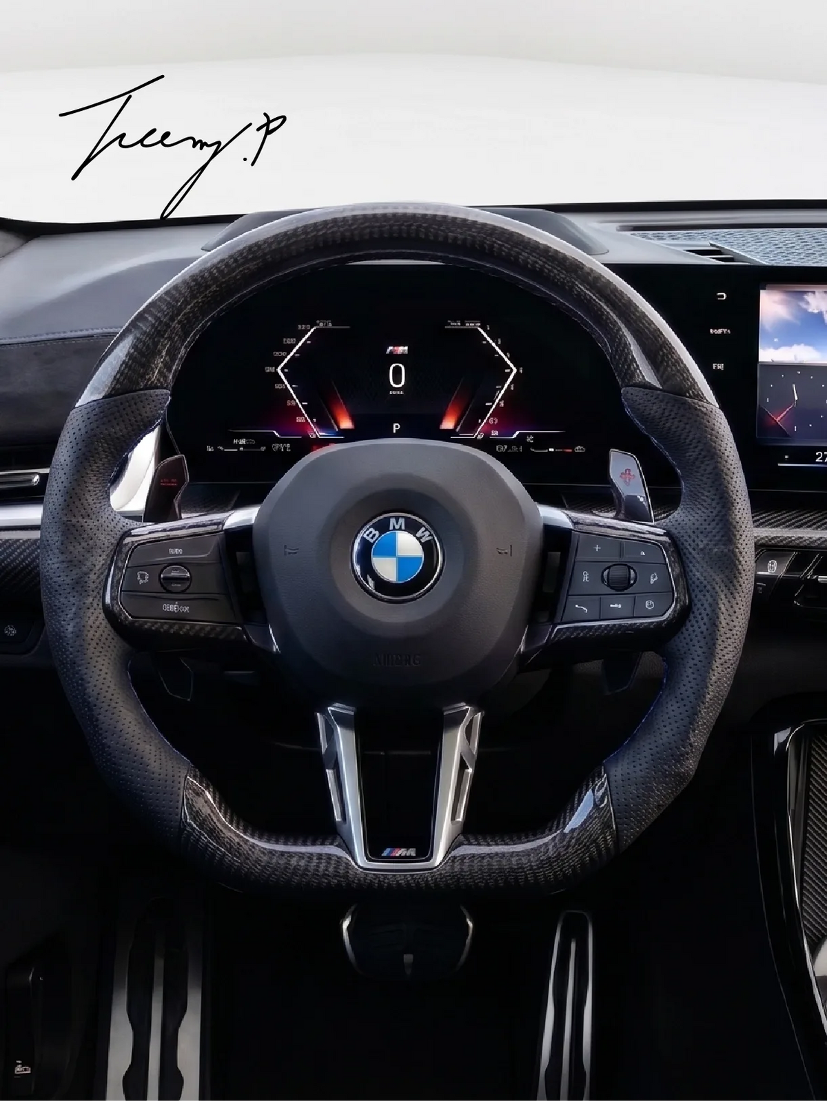 Carbon fiber heated performance steering wheel installed on a 2018-2024 BMW X1/X2 (F39), 5 Series (G30/G31), X3 (G01), X5 (G05), X6 (G06), X7 (G07), or M3 (G80)