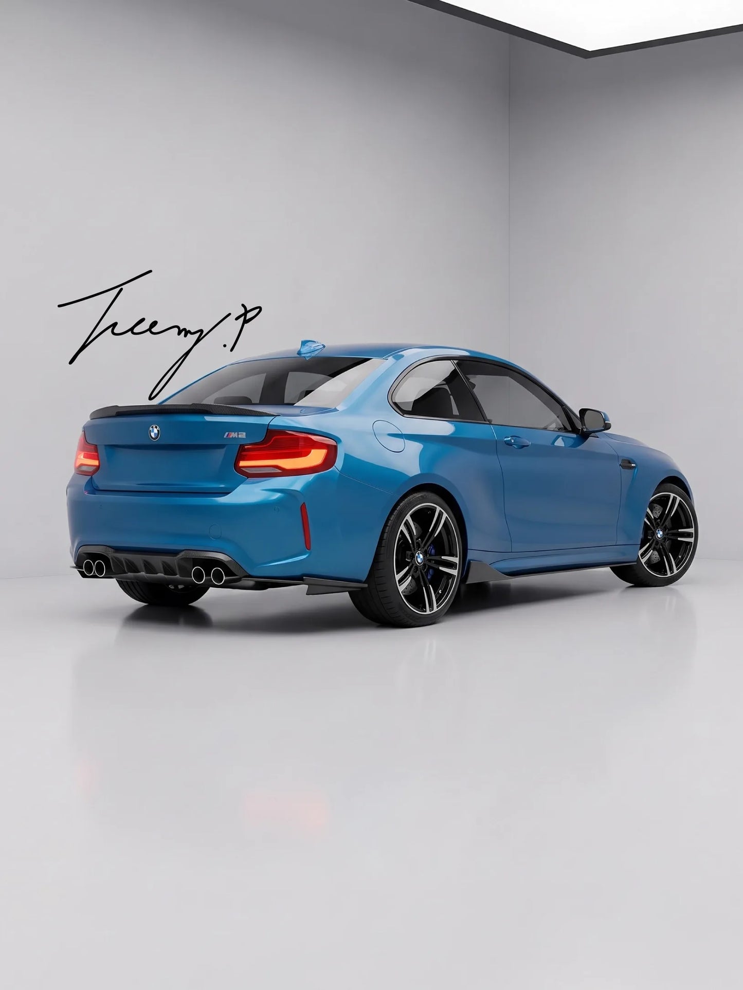 Carbon look front splitter, rear diffuser, side skirts, and trunk spoiler body kit installed on a 2016-2021 BMW M2 F87.