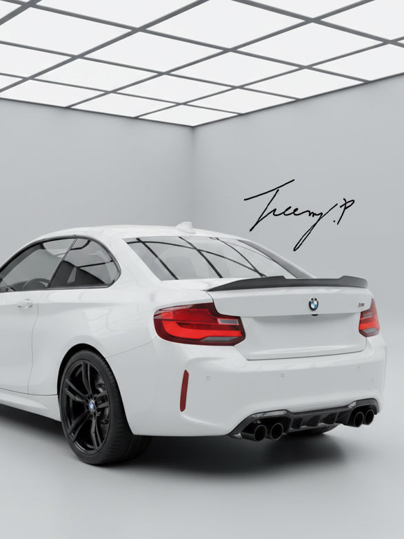 Carbon fiber-look PSM-style high kick ducktail spoiler installed on a 2014-2021 BMW 2 Series / M2 F22 Coupe / F87 M2