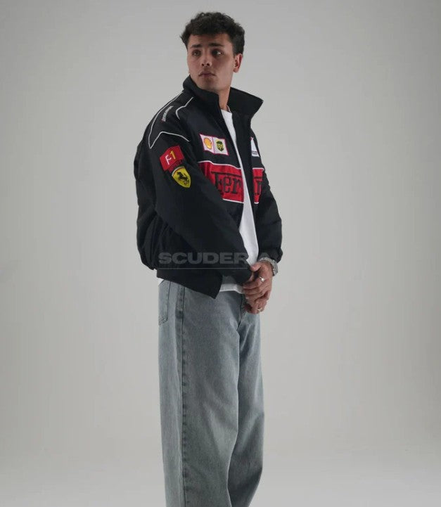 Vintage Ferrari Jacket Black Embroidered Padded - Unisex - Outdoor Coat Women & Mens Hoodie