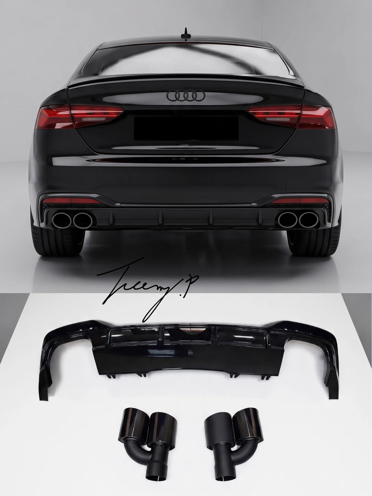 Audi A5 S5 B9.5 F5 S Line Facelift 2020-2024 gloss black rear bumper diffuser kit with matching dual exhaust tailpipes