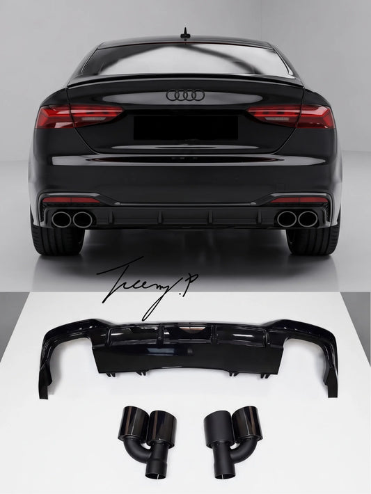 Audi A5 S5 B9.5 F5 S Line Facelift 2020-2024 gloss black rear bumper diffuser kit with matching dual exhaust tailpipes