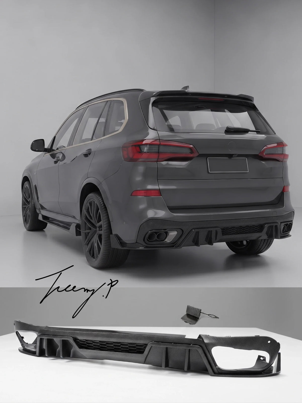 BMW X5 G05 M Sport 2019-2024 carbon look rear bumper diffuser, competitive style aerodynamic upgrade with dual exhaust outlets