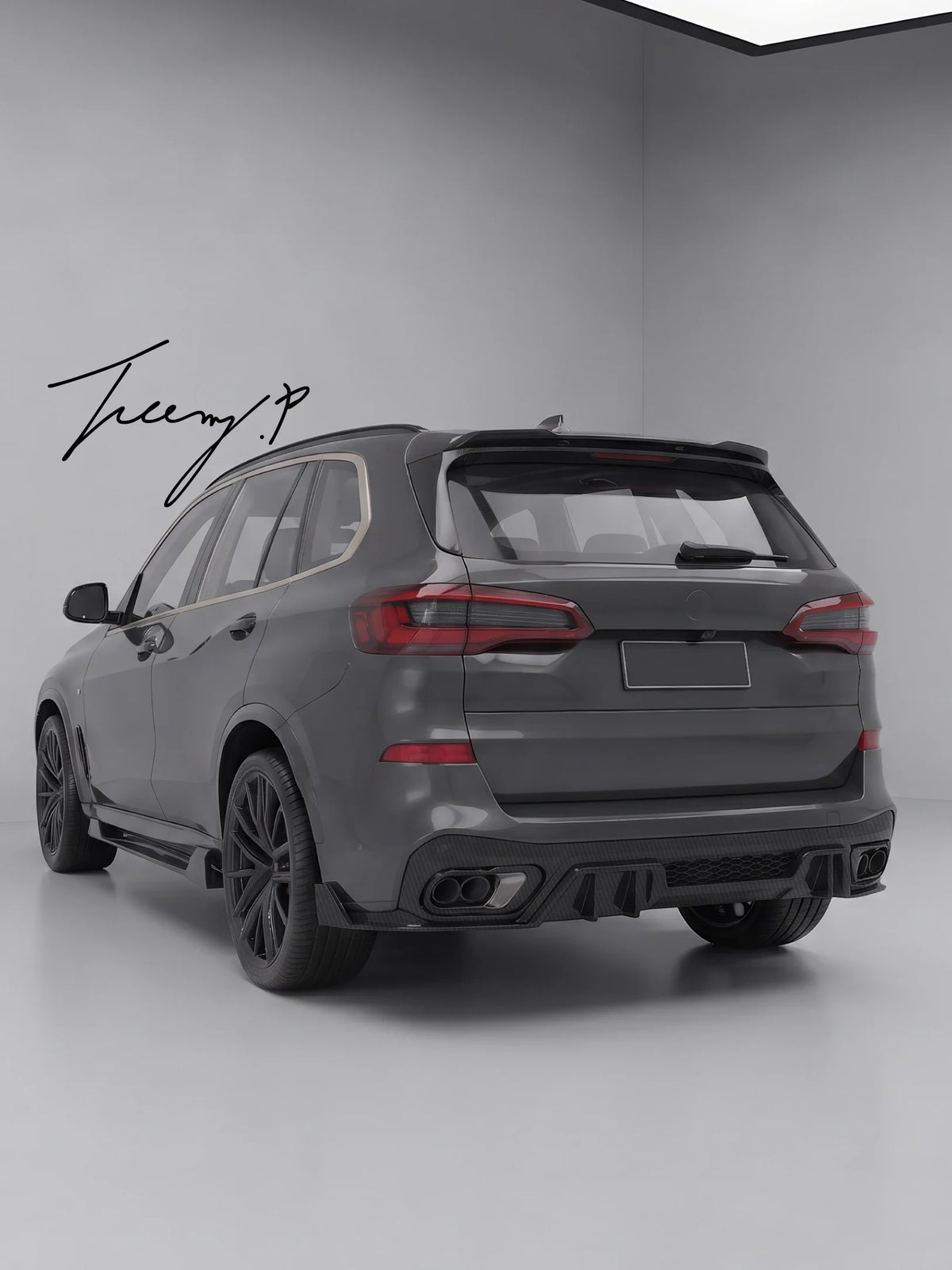 BMW X5 G05 M Sport 2019-2024 carbon look rear bumper diffuser, competitive style aerodynamic upgrade with dual exhaust outlets