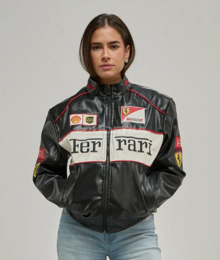 Ferrari Jacket Leather Black Embroidered Racing F1 - Unisex - Outdoor Coat Women & Mens Hoodie