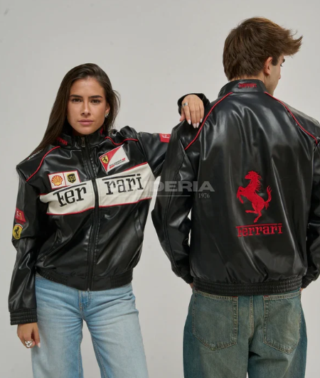 Ferrari Jacket Leather Black Embroidered Racing F1 - Unisex - Outdoor Coat Women & Mens Hoodie