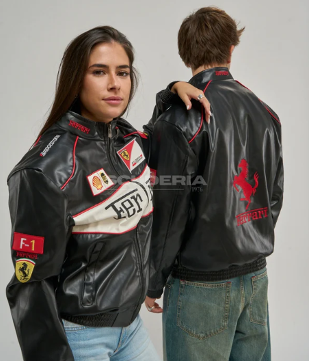 Ferrari Jacket Leather Black Embroidered Racing F1 - Unisex - Outdoor Coat Women & Mens Hoodie