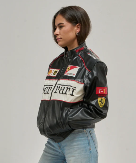 Ferrari Jacket Leather Black Embroidered Racing F1 - Unisex - Outdoor Coat Women & Mens Hoodie