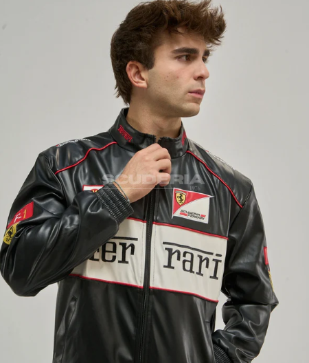 Ferrari Jacket Leather Black Embroidered Racing F1 - Unisex - Outdoor Coat Women & Mens Hoodie