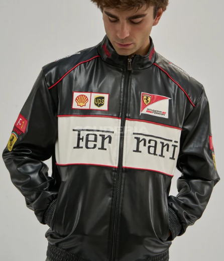 Ferrari Jacket Leather Black Embroidered Racing F1 - Unisex - Outdoor Coat Women & Mens Hoodie