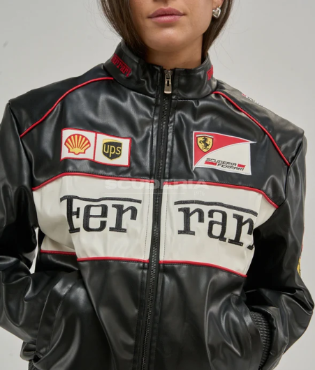 Ferrari Jacket Leather Black Embroidered Racing F1 - Unisex - Outdoor Coat Women & Mens Hoodie