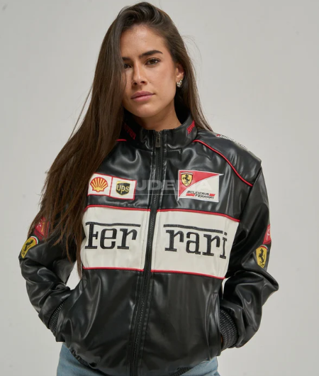Ferrari Jacket Leather Black Embroidered Racing F1 - Unisex - Outdoor Coat Women & Mens Hoodie