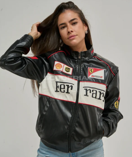 Ferrari Jacket Leather Black Embroidered Racing F1 - Unisex - Outdoor Coat Women & Mens Hoodie