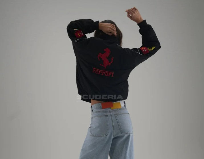 Vintage Ferrari Jacket Black Embroidered Padded - Unisex - Outdoor Coat Women & Mens Hoodie