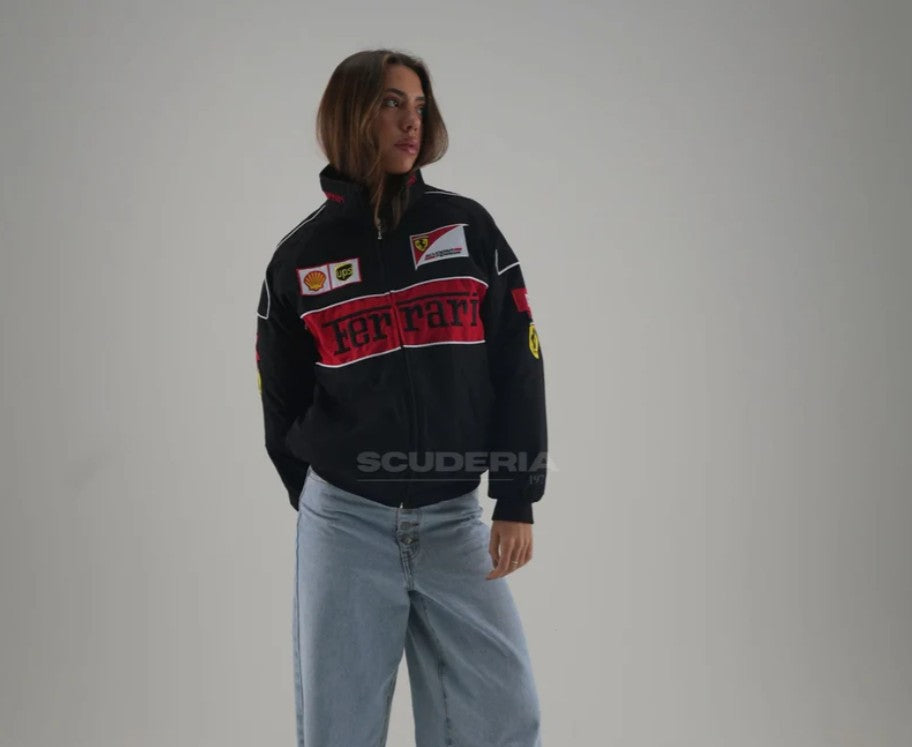 Vintage Ferrari Jacket Black Embroidered Padded - Unisex - Outdoor Coat Women & Mens Hoodie