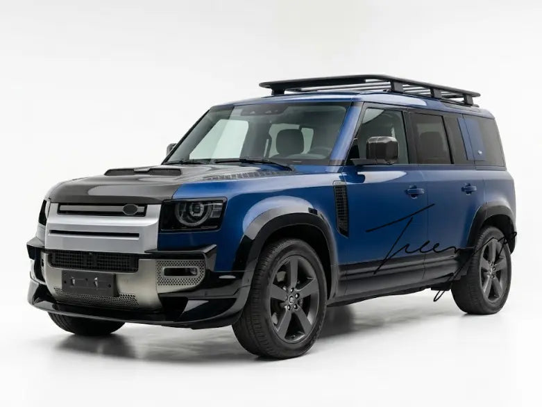 Gloss black front bumper splitter lip aero kit with canards installed on a 2020-2025 Land Rover Defender L663 90 / 110 / 130)