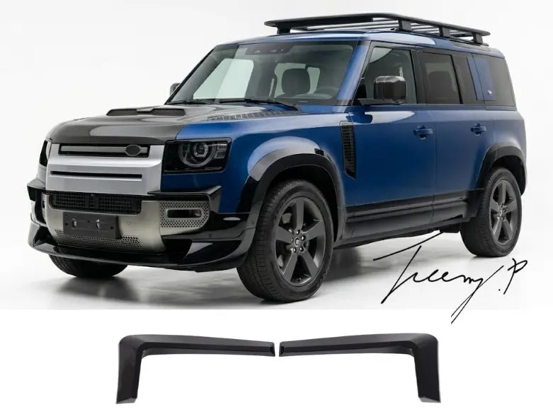 Gloss black front bumper splitter lip aero kit with canards installed on a 2020-2025 Land Rover Defender L663 90 / 110 / 130)