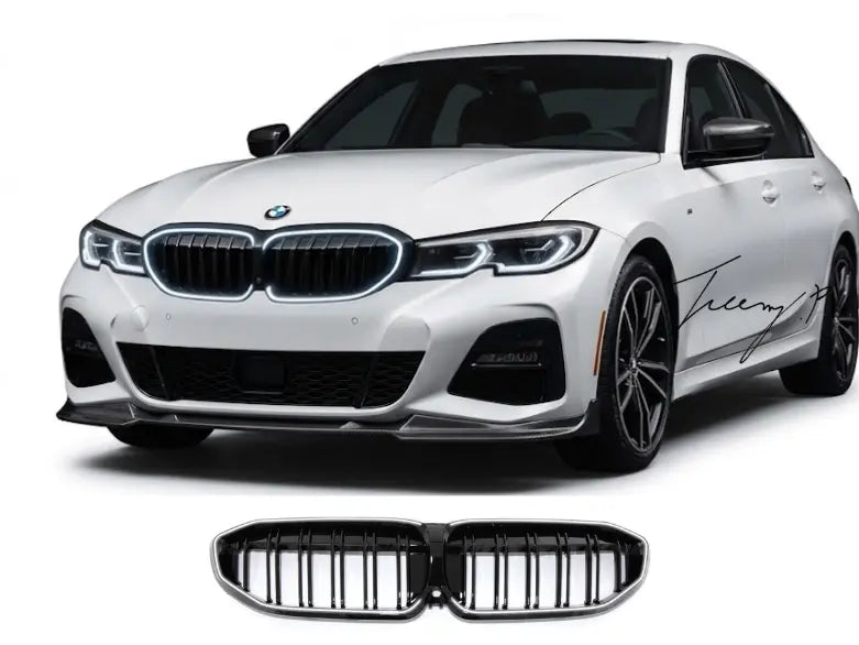 Front angle view of gloss black double-slat LED light bar kidney grille installed on a 2019 to 2022 BMW 3 Series G20.