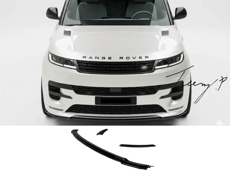 Gloss black SV-style front splitter lip spoiler body kit installed on a 2023-2026 Range Rover Sport L461