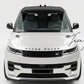 Gloss black SV-style front splitter lip spoiler body kit installed on a 2023-2026 Range Rover Sport L461