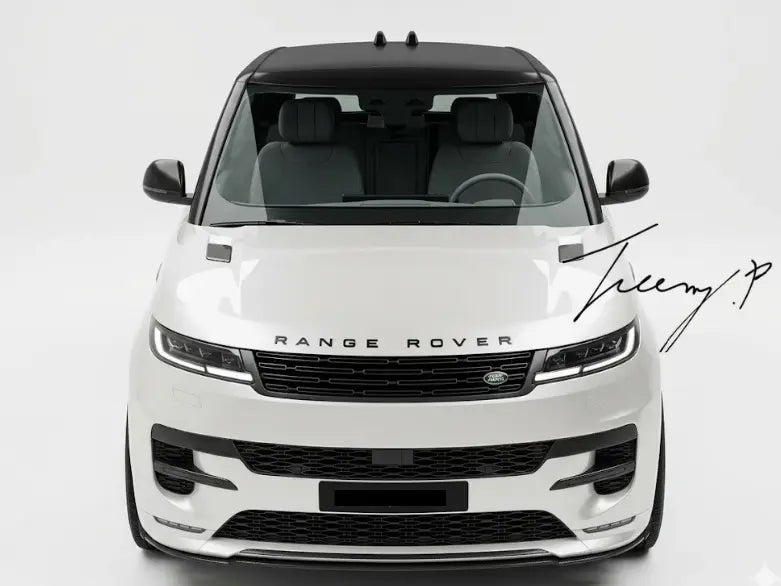 Gloss black SV-style front splitter lip spoiler body kit installed on a 2023-2026 Range Rover Sport L461