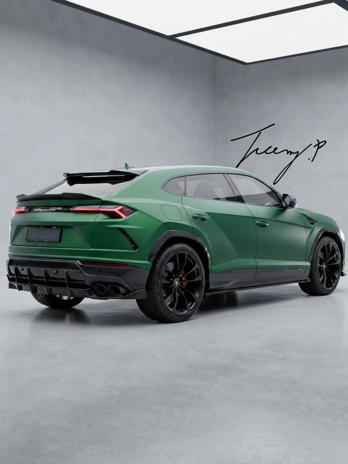 High rear-quarter angle view of an aggressive gloss black rear roof spoiler wing extension lip fitted to a 2018 to 2024 Lamborghini Urus super SUV