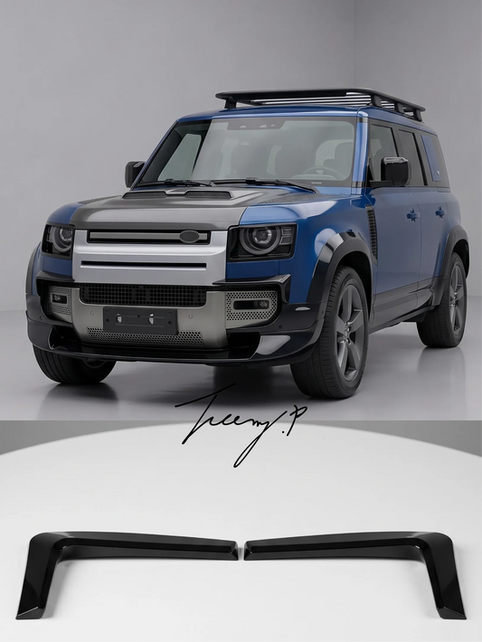 Gloss black front bumper splitter lip aero kit with canards installed on a 2020-2025 Land Rover Defender L663 90 / 110 / 130)
