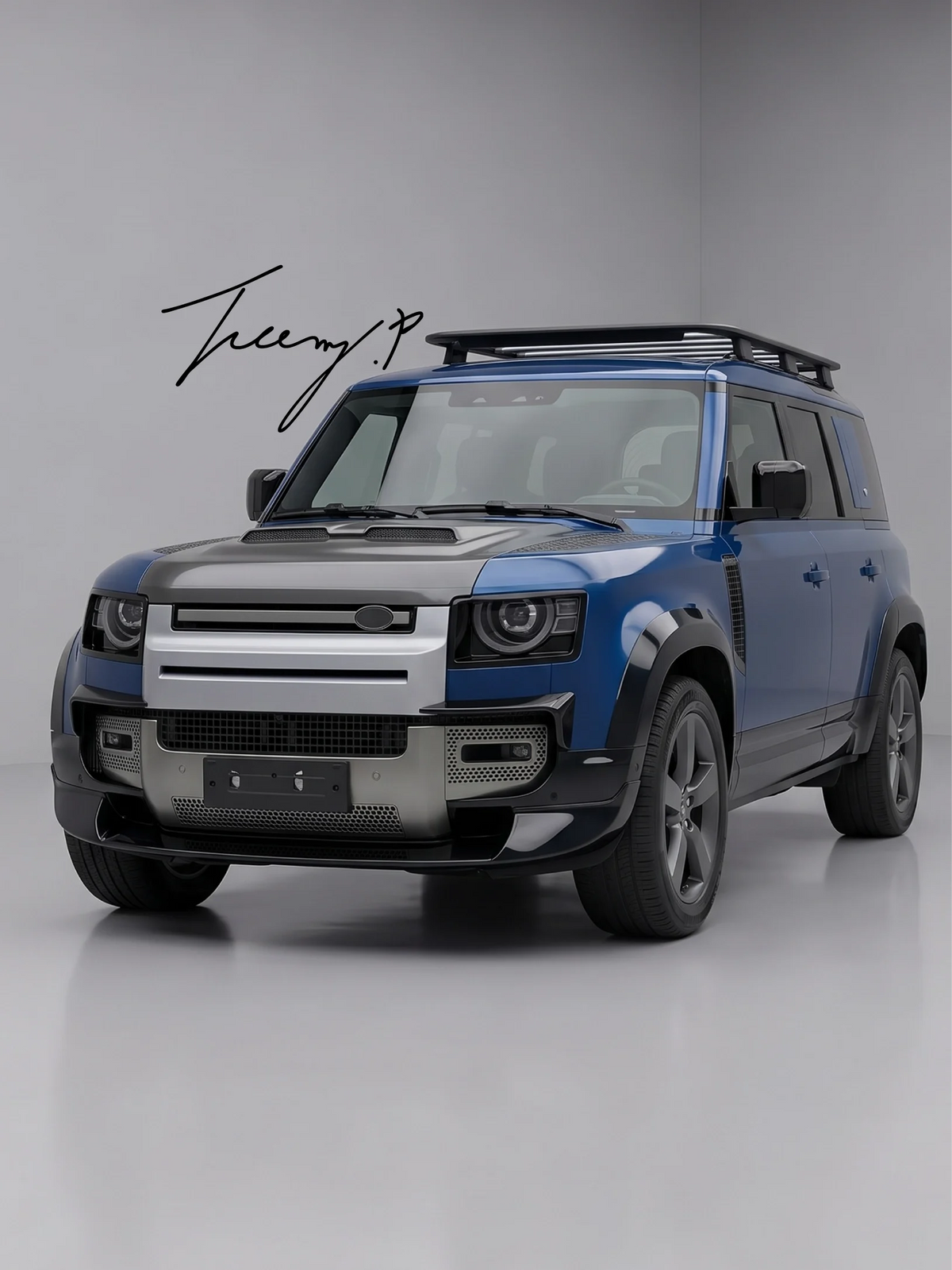 Gloss black front bumper splitter lip aero kit with canards installed on a 2020-2025 Land Rover Defender L663 90 / 110 / 130)