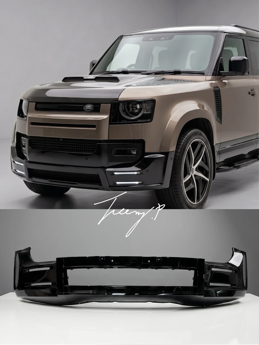 Gloss black front lip splitter lower bumper kit installed on a 2020-2025 Land Rover Defender L663