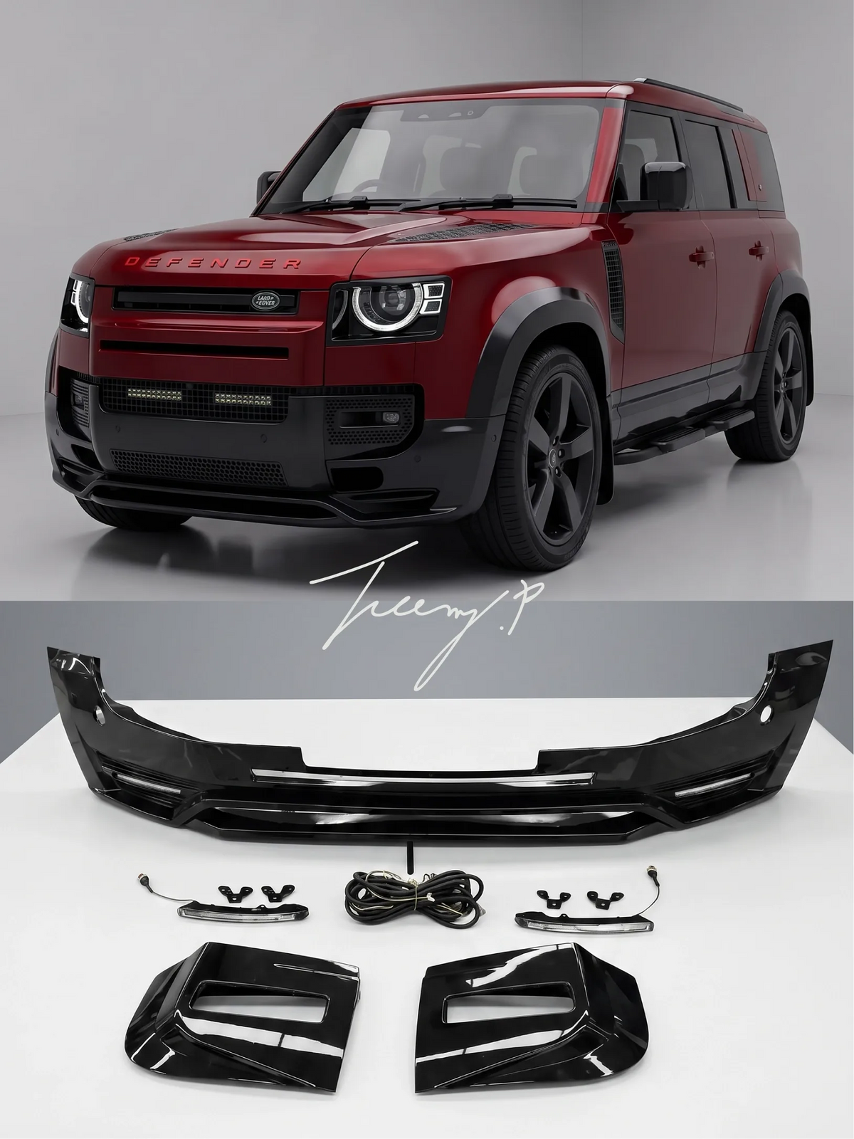 Gloss black front bumper splitter lip spoiler body kit installed on a 2020-2025 Land Rover Defender L663 90 / 110