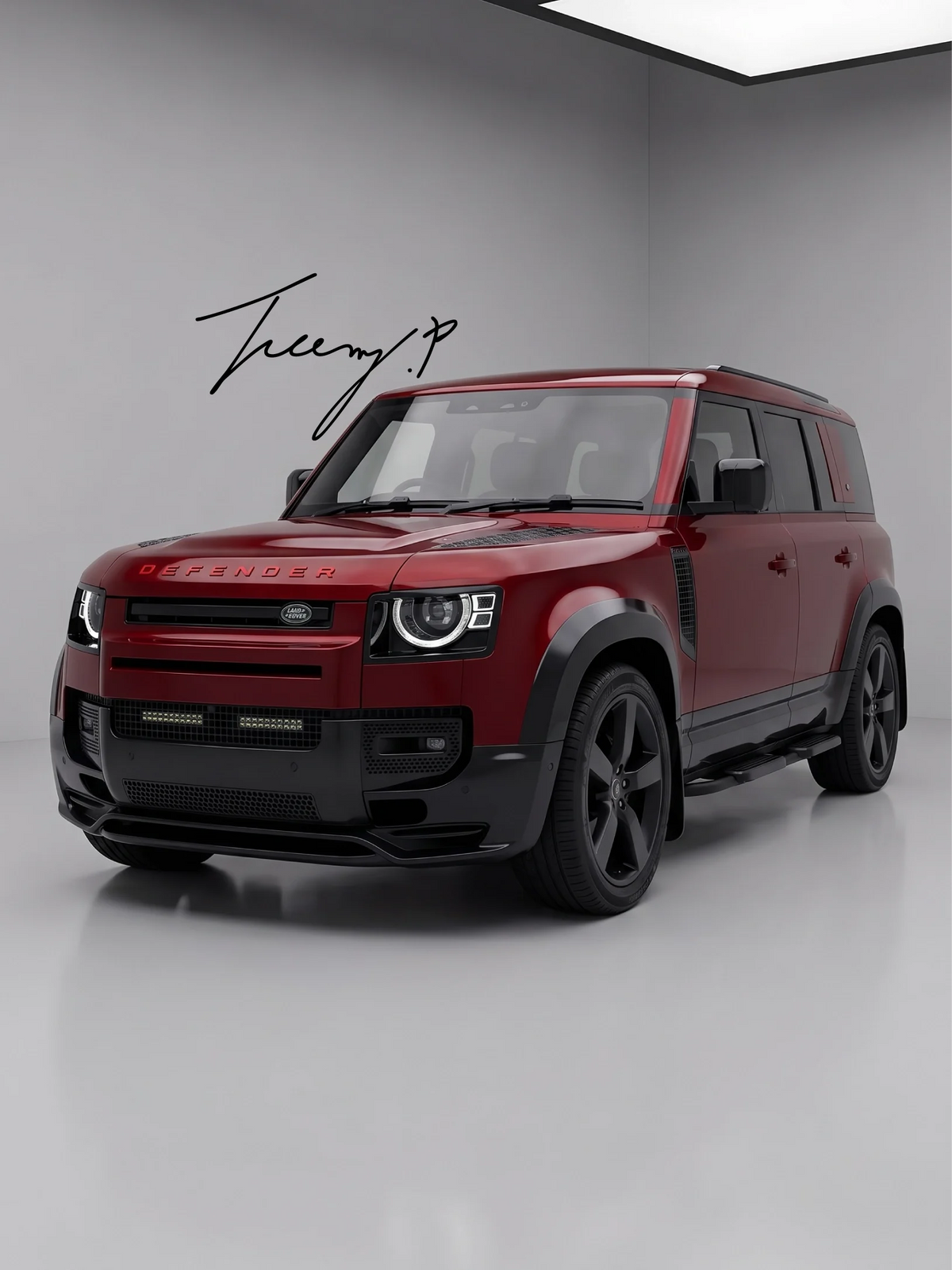 Gloss black front bumper splitter lip spoiler body kit installed on a 2020-2025 Land Rover Defender L663 90 / 110