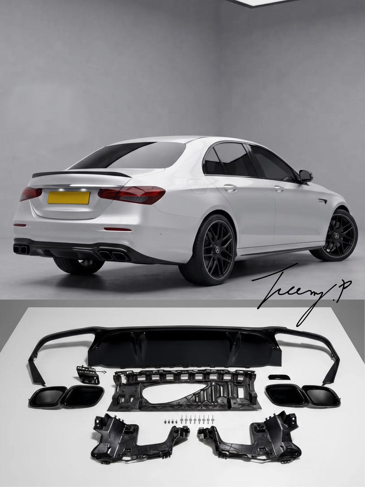 Mercedes E Class W213 Saloon S213 Estate LCI 2020-2023 AMG E63 style gloss black rear diffuser kit with quad exhaust tailpipes