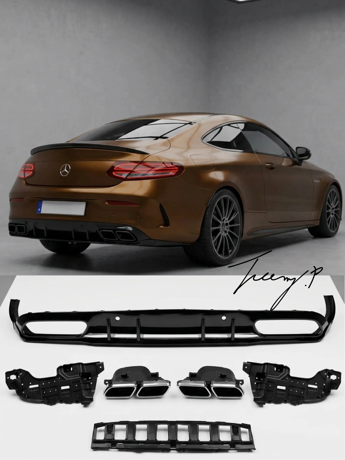 Mercedes-Benz C-Class C205 Coupe A205 Cabriolet 2015-2023 AMG C63 S Style Rear Diffuser with Tail Pipes Body Kit