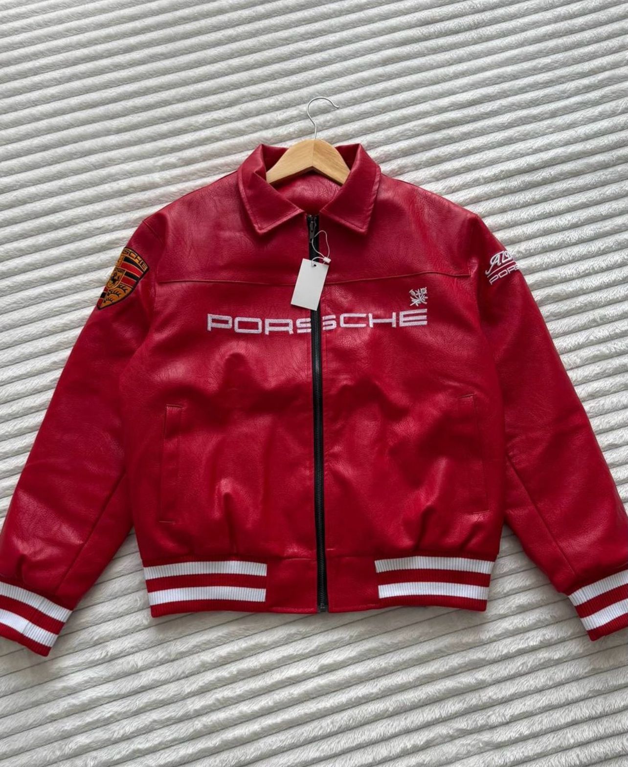 Porsche Jacket Leather Embroidered Stitched Padded Baggy style Racing F1 - Unisex - Outdoor Coat Women & Men Hoodie