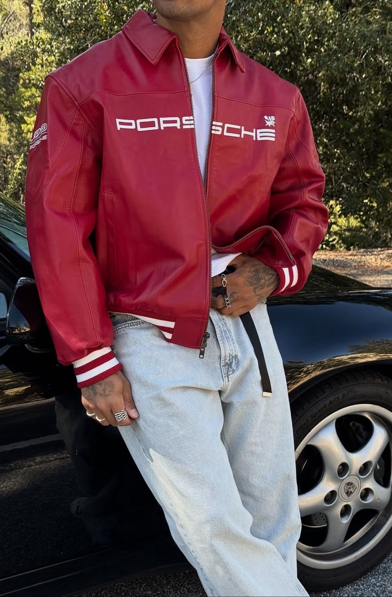 Porsche Jacket Leather Embroidered Stitched Padded Baggy style Racing F1 - Unisex - Outdoor Coat Women & Men Hoodie
