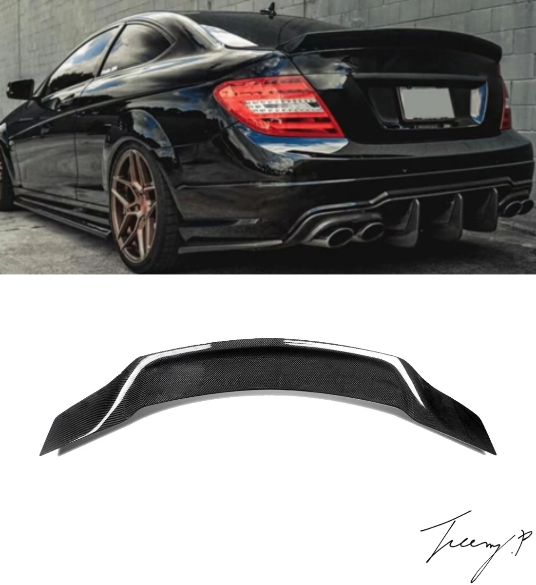 Carbon fiber PSM style boot spoiler wing installed on a 2008-2014 Mercedes-Benz C-Class W204 C63 AMG