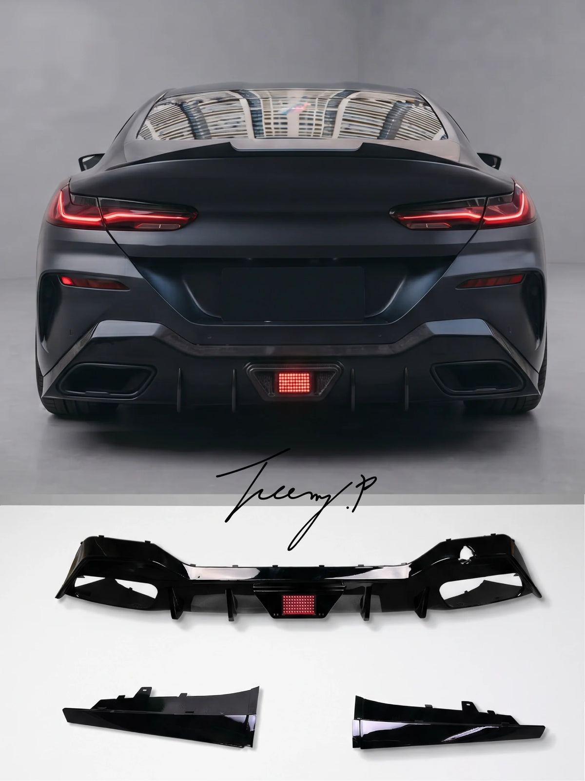 Gloss black rear bumper diffuser with integrated center LED light on a BMW 8 Series G16 Gran Coupe
