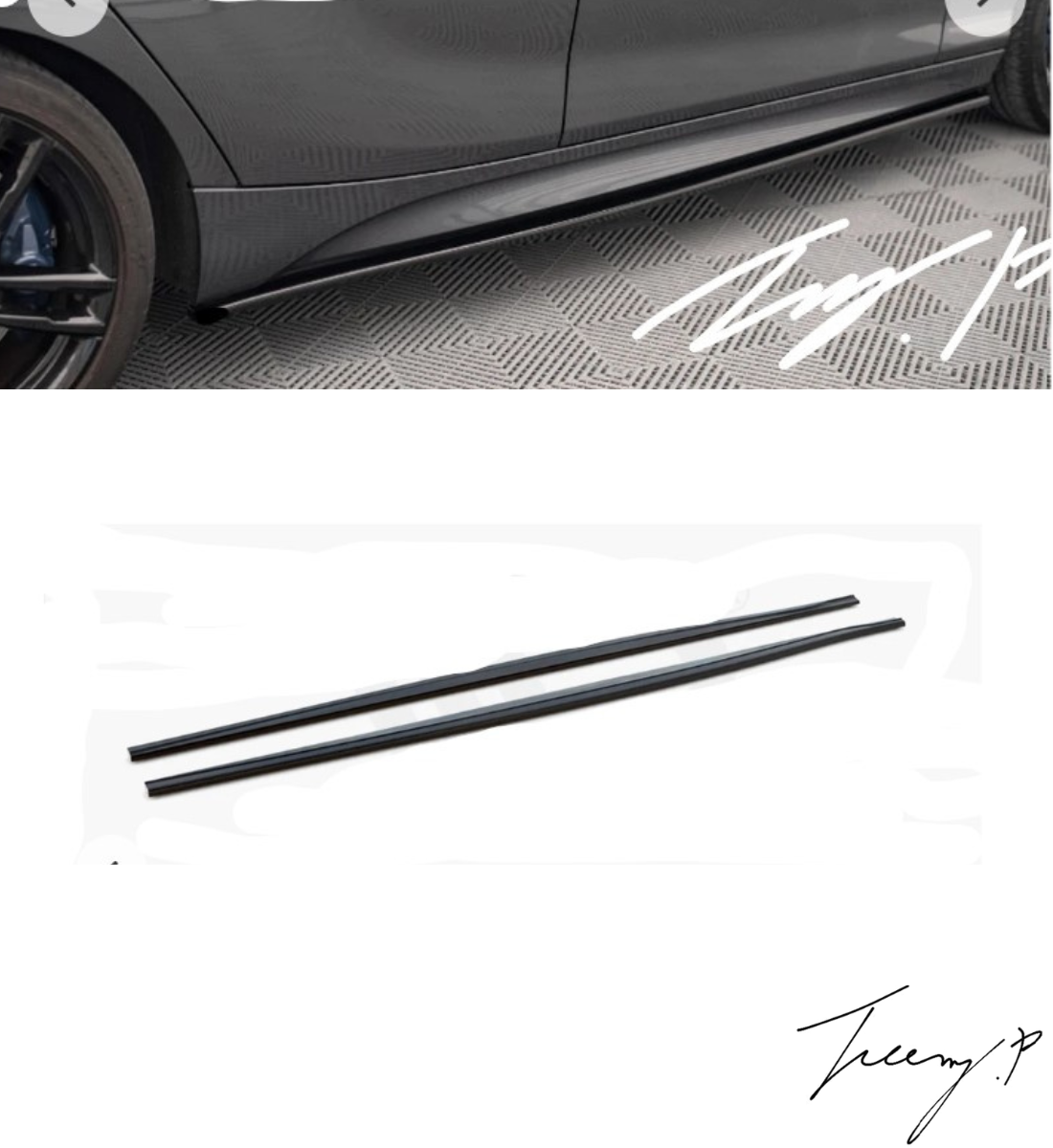 Gloss black side skirt rocker panel extensions installed on a 2015-2020 BMW 1 Series LCI F20 / F21