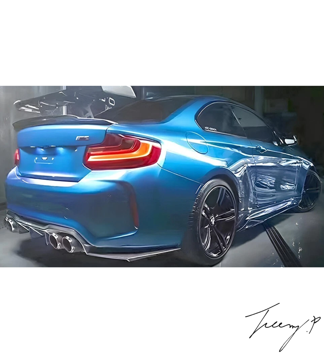 Carbon fiber-look MTC-style rear diffuser splitter installed on a 2015-2020 BMW M2 F87