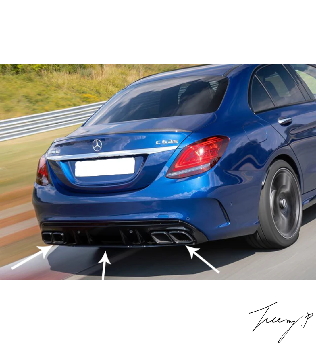 Gloss black rear diffuser with AMG tailpipes installed on a 2015-2020 Mercedes C-Class AMG / C63 W205 Sedan