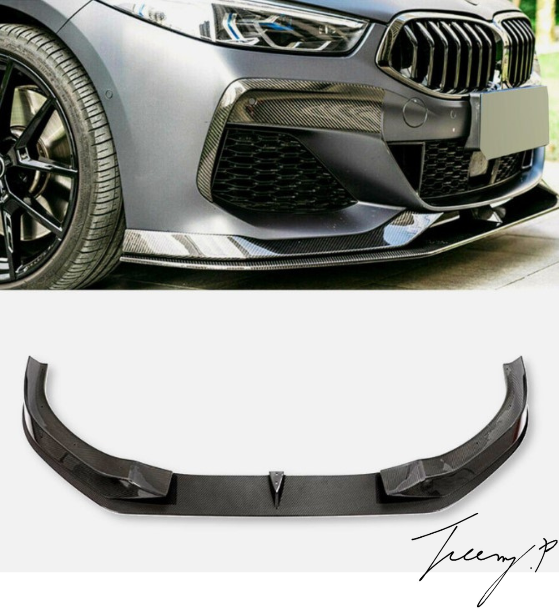 Carbon fiber-look ABS front lip splitter spoiler installed on a 2018-2021 BMW 8 Series M Sport G14 / G15 / G16