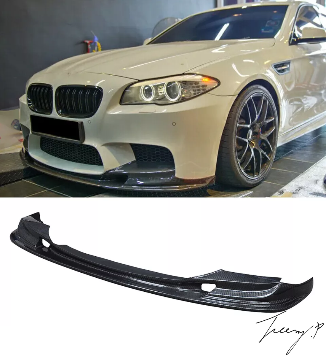 Carbon fiber 3D Design style front splitter lip installed on a 2011-2016 BMW M5 F10