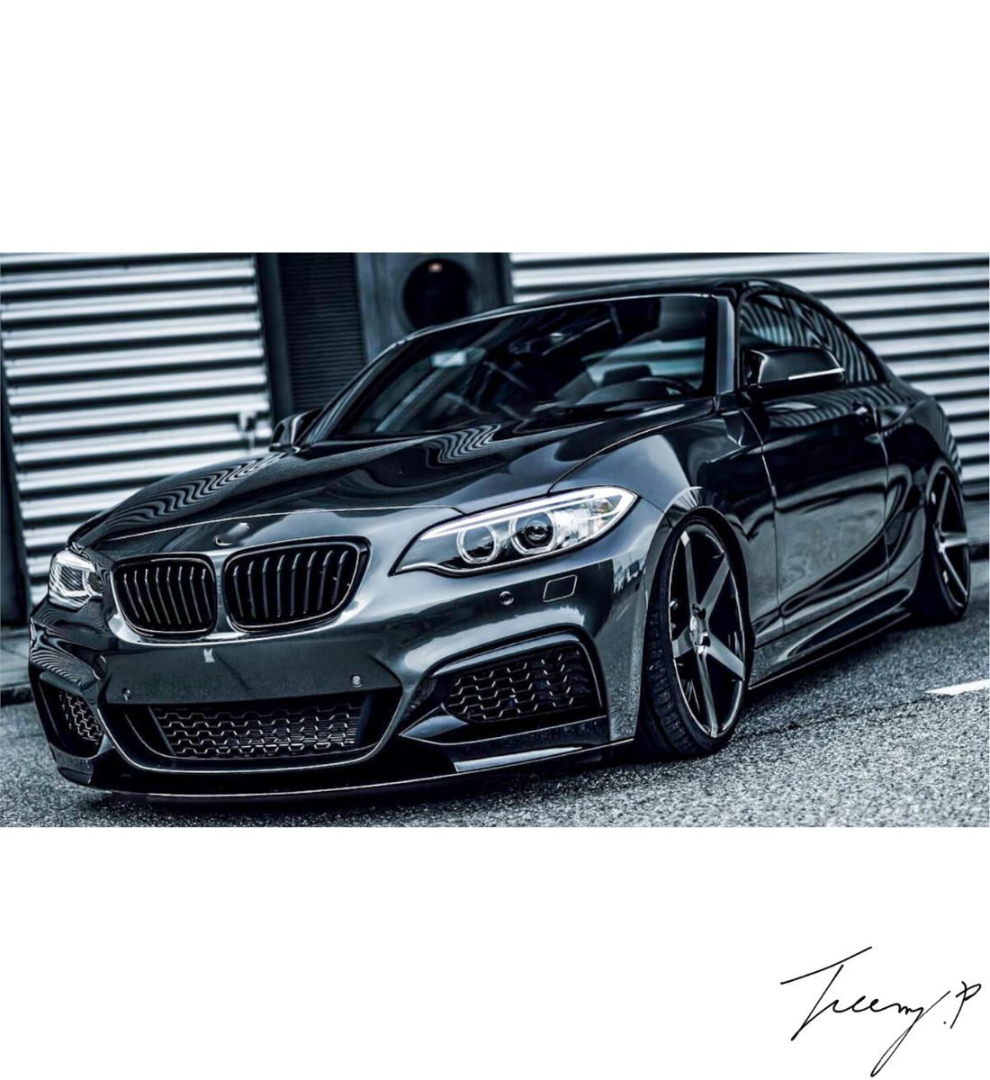 Gloss black front kidney grille and matching front splitter lip installed on a 2014-2021 BMW 2 Series F22 / F23