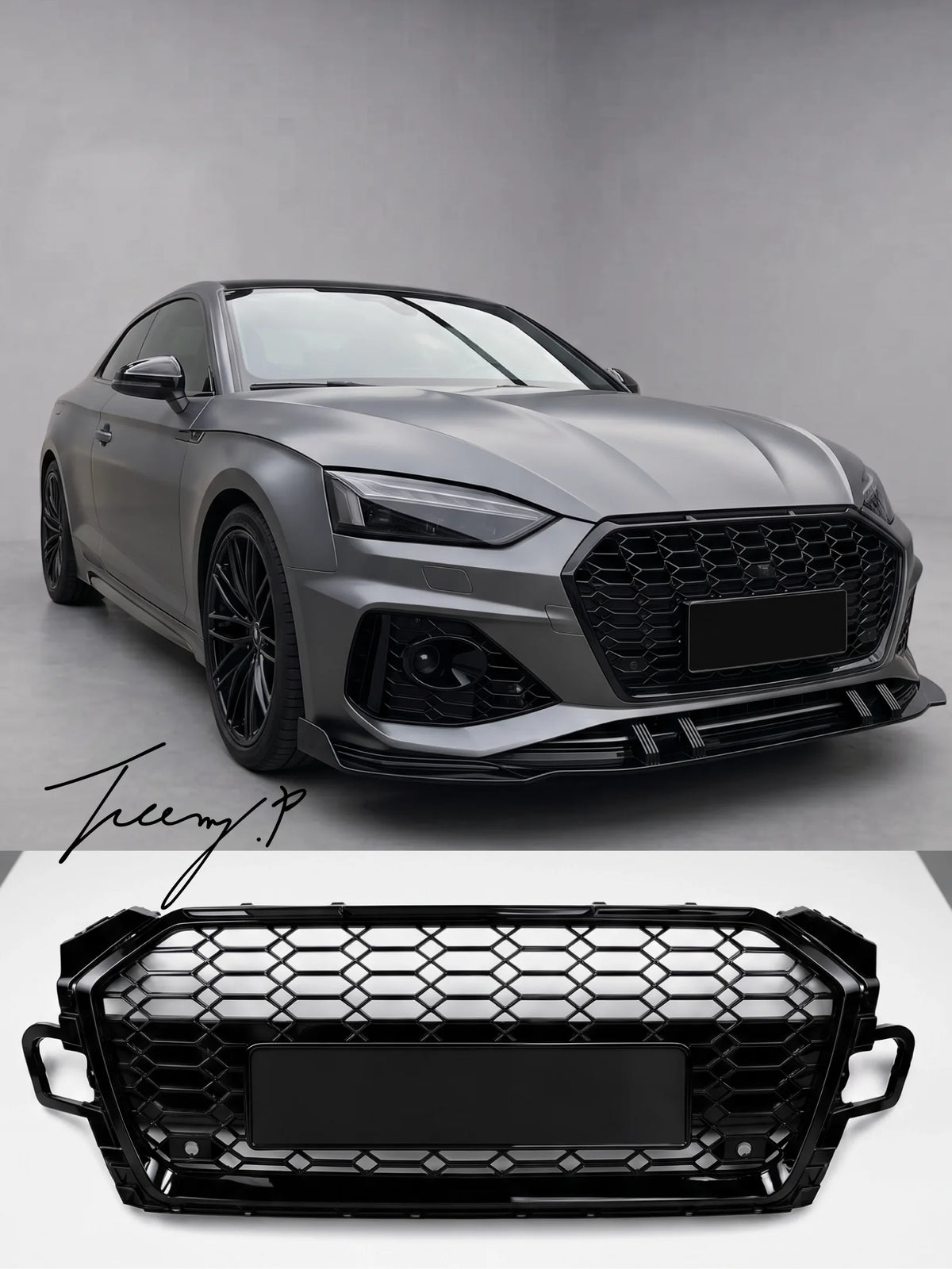 Audi A5 S5 B9.5 Coupe Cabrio Sportback 2020-2024 RS5 style gloss black honeycomb mesh front bumper grille replacement with badge holder
