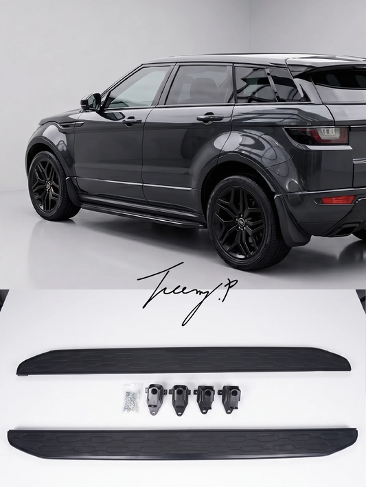 Dynamic OE-style black aluminum side step running boards installed on a 2018-2025 Range Rover Evoque