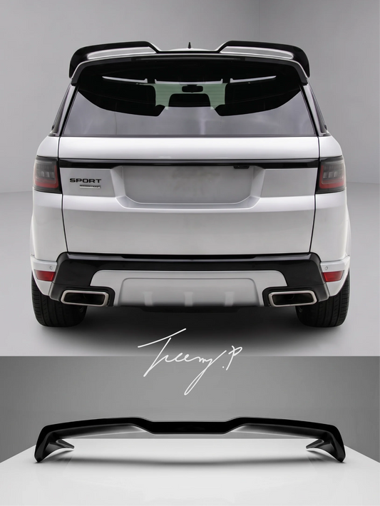 Gloss black rear roof spoiler body kit installed on a 2018-2022 Range Rover Sport Facelift L494