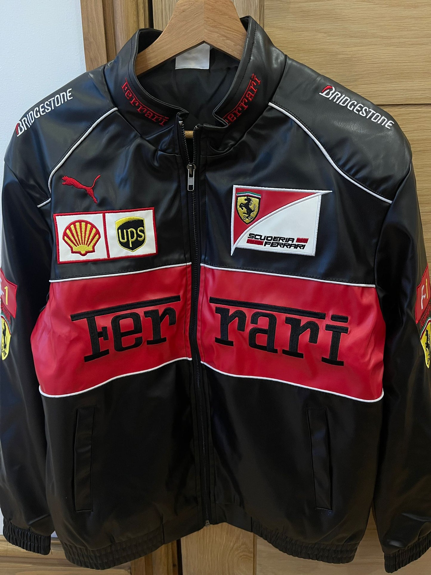 Ferrari Jacket Leather Black Embroidered Racing F1 - Unisex - Outdoor Coat Women & Mens Hoodie